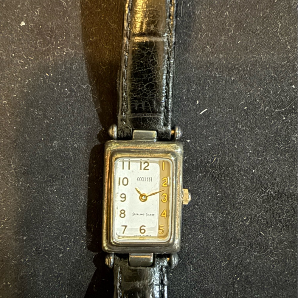 Ecclissi sterling silver with gold accents Black Leather Strap Watch